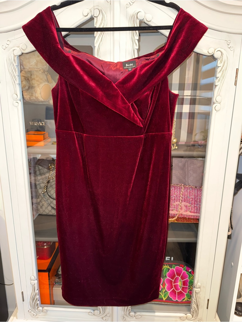 Bardot Deep Burgundy Velvet Off-Shoulder Midi Dress